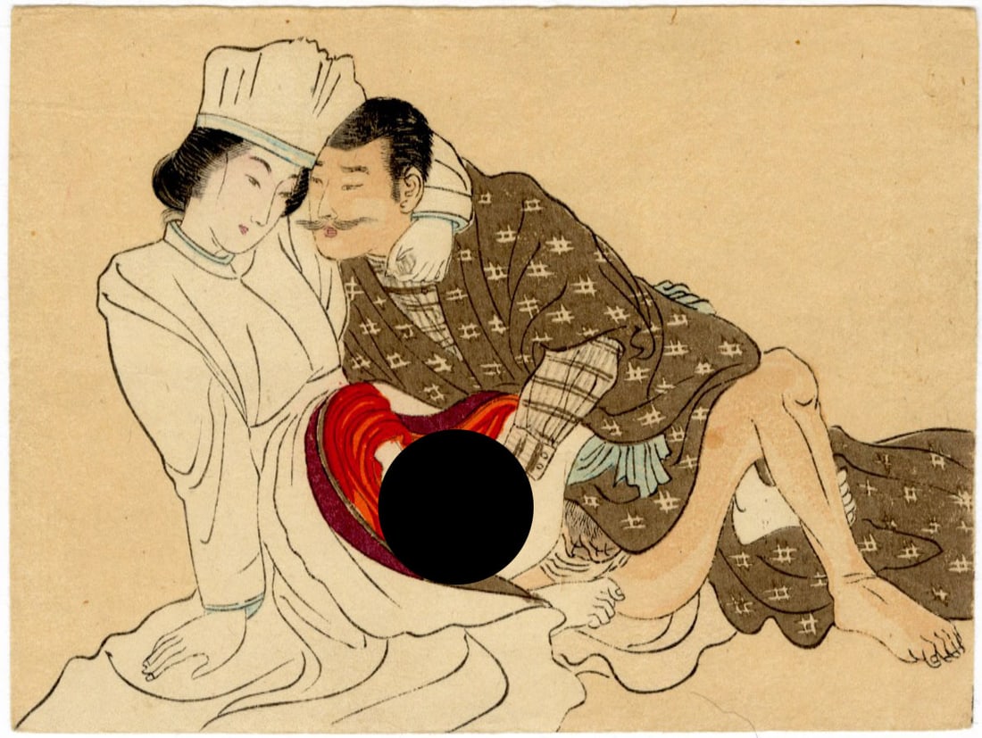 Taisho Era Shunga: Nurse Fantasy Woodblock NR: Japanese Woodblock Print, Late Meiji or Taisho Era (c.1912) SIZE IN INCHES: 5 x 3.75 inches COMMENTS: Shunga is a Japanese term for erotic art. Most shunga are a type of ukiyo-e, usually executed in w