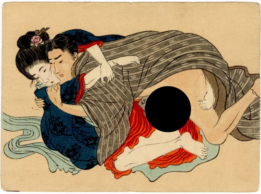 Taisho Era Shunga: In a Rush Woodblock NR: Japanese Woodblock Print, Late Meiji or Taisho Era (c.1912) SIZE IN INCHES: 5 x 3.75 inches COMMENTS: Shunga is a Japanese term for erotic art. Most shunga are a type of ukiyo-e, usually executed in w