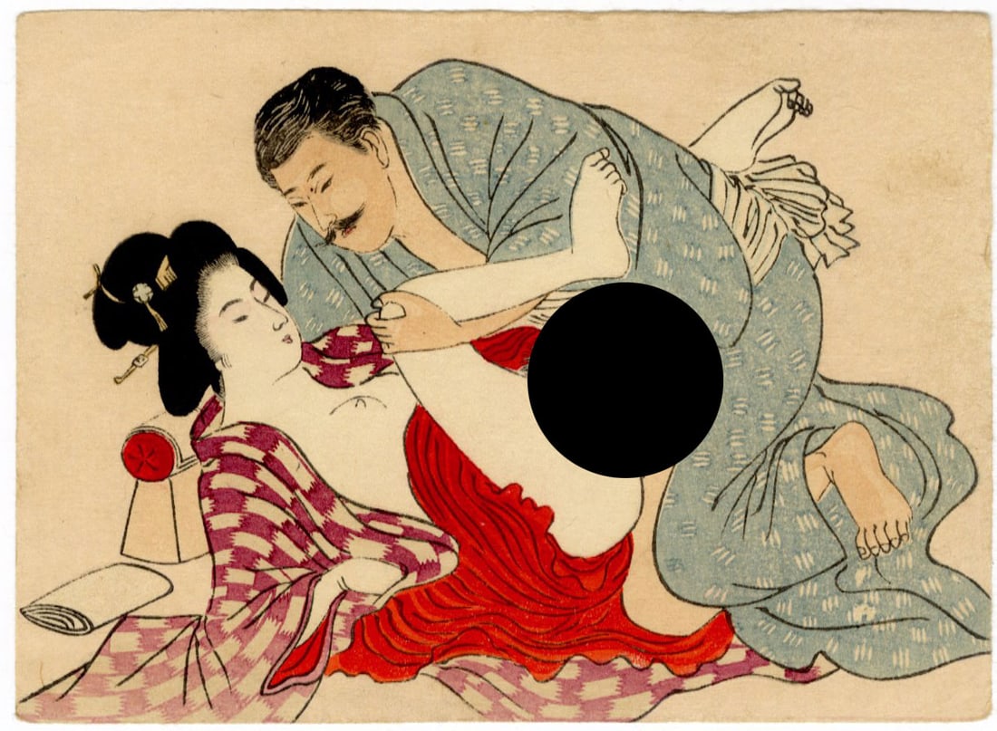 Taisho Era Shunga: Feet in the Air Woodblock NR: Japanese Woodblock Print, Late Meiji or Taisho Era (c.1912) SIZE IN INCHES: 5 x 3.75 inches COMMENTS: Shunga is a Japanese term for erotic art. Most shunga are a type of ukiyo-e, usually executed in w