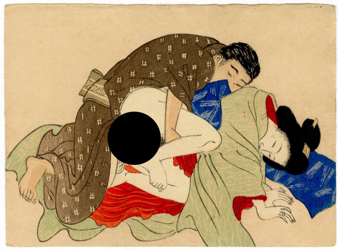 Taisho Era Shunga: Doggie Woodblock NR: Japanese Woodblock Print, Late Meiji or Taisho Era (c.1912) SIZE IN INCHES: 5 x 3.75 inches COMMENTS: Shunga is a Japanese term for erotic art. Most shunga are a type of ukiyo-e, usually executed in w