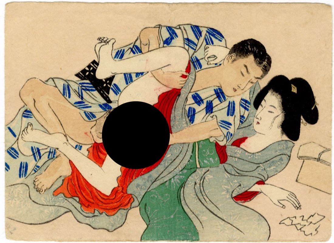 Taisho Era Shunga: Digital Woodblock NR: Japanese Woodblock Print, Late Meiji or Taisho Era (c.1912) SIZE IN INCHES: 5 x 3.75 inches COMMENTS: Shunga is a Japanese term for erotic art. Most shunga are a type of ukiyo-e, usually executed in w