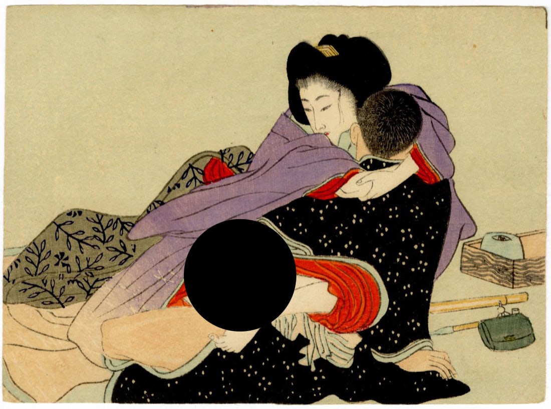 Taisho Era Shunga: Deep Embrace Woodblock NR: Japanese Woodblock Print, Late Meiji or Taisho Era (c.1912) SIZE IN INCHES: 5 x 3.75 inches COMMENTS: Shunga is a Japanese term for erotic art. Most shunga are a type of ukiyo-e, usually executed in w