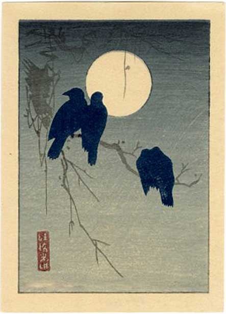 Shotei Takahashi: Full Moon & Crows 1932 Woodblock (1 of 2)