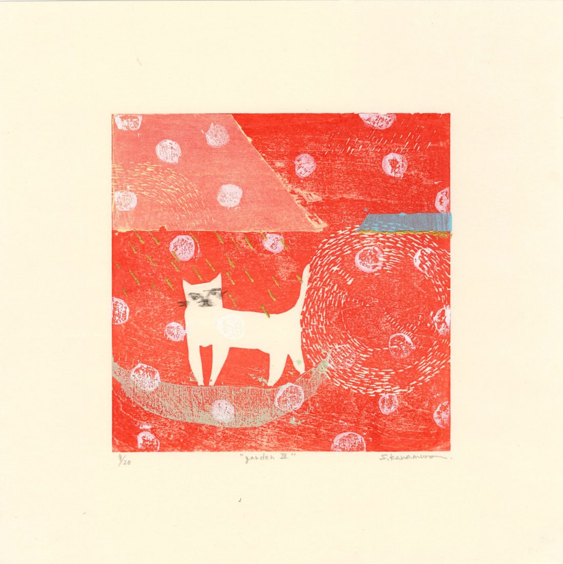 Sayaka Kawamura: Garden III (White Cat) Woodblock (1 of 2)
