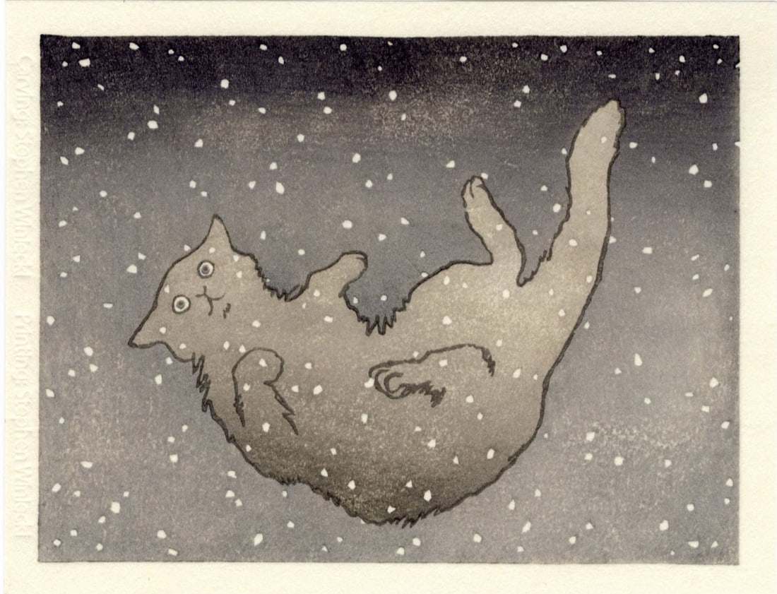 Nicolas Nemiri: Cat Falling in Snow (Gray) Woodblock: Woodblock Print, undated contemporary print, not signed SIZE IN INCHES: 5.5 x 4.25