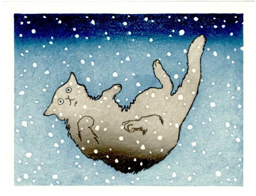 Nicolas Nemiri: Cat Falling in Snow (Blue) Woodblock: Woodblock Print, undated contemporary print, not signed SIZE IN INCHES: 5.5 x 4.25