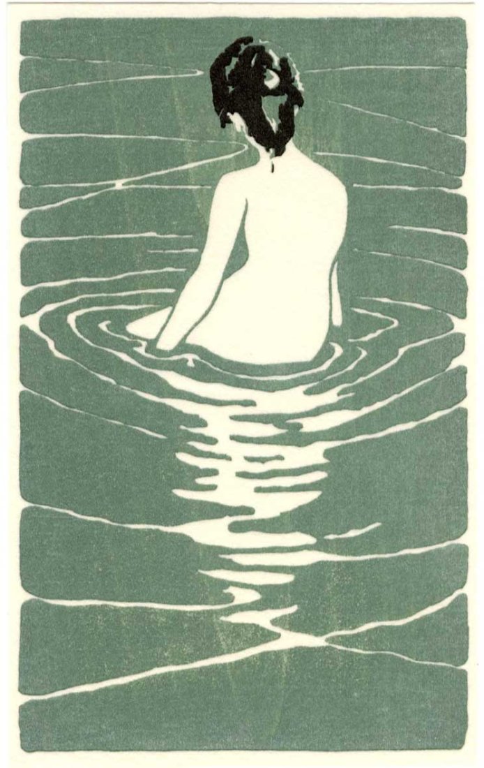 Ichijo Narumi: At the Hot Spring Woodblock: Japanese Woodblock Print, originally published c. 1906, this Reiwa era edition printed from recarved blocks SIZE IN INCHES: 3.75 x 5.758 inches COMMENTS: This design was originally released as part of