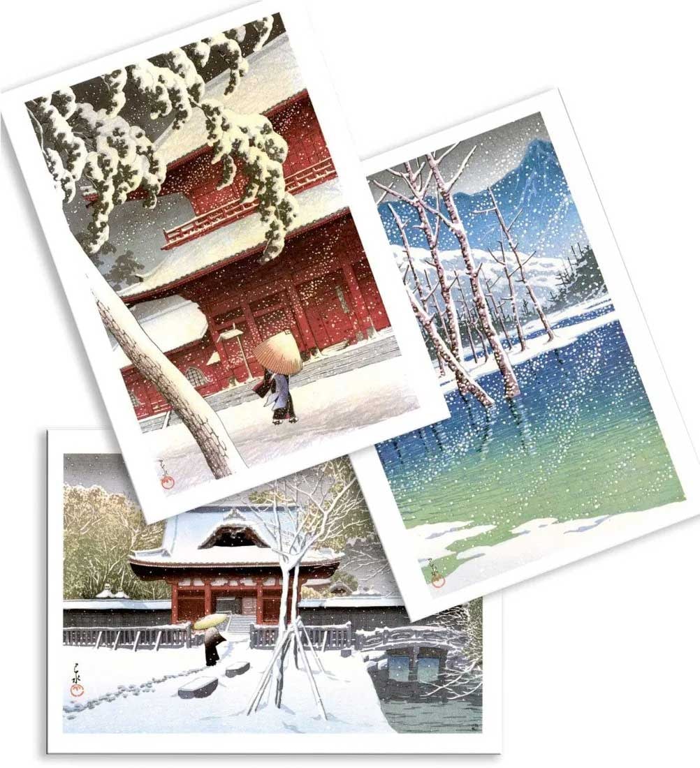 Hasui Greeting Cards - Zojoji/Taisho/Shiba 50/50/50 NR: Hasui Kawase Blank Greeting Cards , c.1995, Custom Printed (San Diego). SIZE IN INCHES: 5 x 7 (on folded 10 x 7 heavy gloss cardstock) COMMENTS: High quality lithographic reproduction of an ACTUAL "Pr