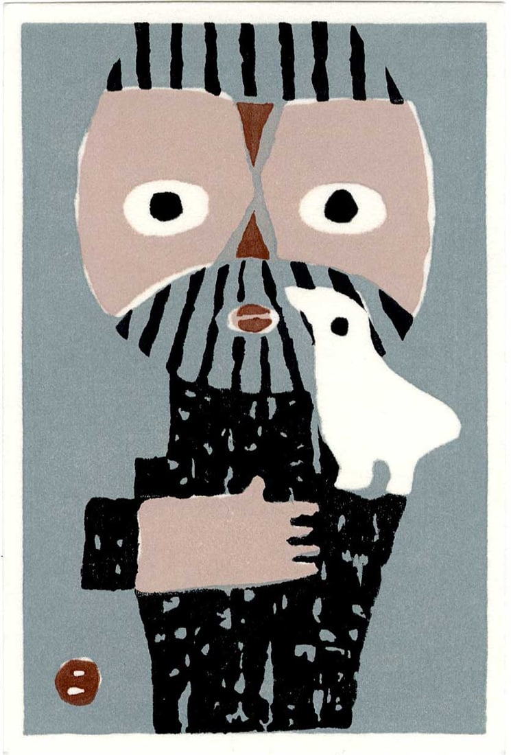 Azechi Umetaro: Mountain Man Holding Bird Woodblock (1 of 2)