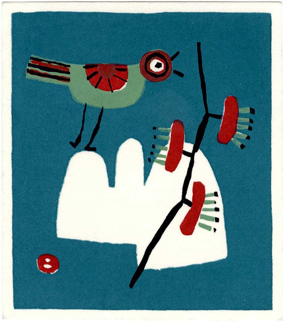 Azechi Umetaro: Bird and Dogwood Tree Woodblock: Japanese Woodblock Print, 1980s, with the artist's seal in the block. Sealed on the verso by the publisher Chikuhodo SIZE IN INCHES: 4.5 x 5 inches AZECHI UMETARO (1902-1999) was born to an impoverish