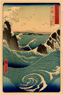 Ando Hiroshige: Whirlpools in Awa Woodblock Muller Estate: Japanese Woodblock Print, 1920s, published by Hasegawa/Nishinomiya printed from recarved wood blocks, Number 55 from the series Famous Views of the 60-Odd Provinces originally published in 1855 SIZE