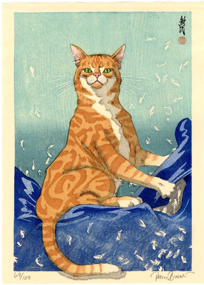 Binnie, Paul: Cat Feathers (Blue) 1st Ed Woodblock: Japanese Woodblock Print, 2018, numbered 69/100, published and signed by Paul Binnie SIZE IN INCHES: 9.25 x 13.25 inches PAUL BINNIE (born 27 May 1967) is a Scottish artist working in the Japanese tra