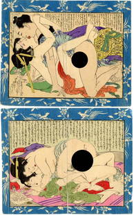 Hokusai - Original Shunga c1880 Woodblocks PAIR NR: Japanese Woodblock Prints, c1880-90's, original Meiji-era prints, unknown Publisher. SIZE IN INCHES: 11 x 9 each COMMENTS: Nicely executed "bokashi" shading, highly detailed carving. Excellent colors.