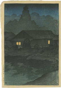 Kawase Hasui: Tsuta Spa, Mutsu 1919 1st Ed Pre-EQ Woodblock: Japanese Woodblock Print, 1919, 1st Edition, pre-earthquake edition with publishers 6mm seal, published by Shozaburo Watanabe SIZE IN INCHES: oban, approx. 10.5 x 15.25 KAWASE HASUI (1883-1957) was a