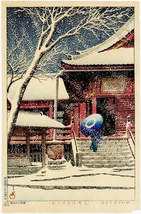 Kawase Hasui: Snow at Ueno Kiyomizudo 1929 Woodblock: Japanese Woodblock Print, 1929, very early edition published by Sakai and Kawaguchi, with both publisher's names in the bottom margin, the S&K Chrysanthemum and running water seal in the lower left co