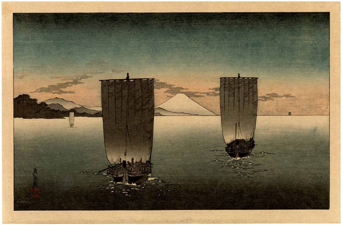 Keisai Eisen: Sailboats and Mt Fuji Woodblock: Japanese Woodblock Print, originally published c.1830s, this Showa era printing from recarved woodblocks published by the Shima Art Company SIZE IN INCHES: oban diptych, approx. 15 x 10 inches PROVENA