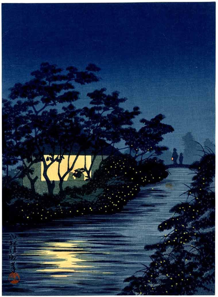 Kiyochika Kobayashi: River of Fireflies 1930s Woodblock NR: Japanese Woodblock Print, 1930 published by the Shima Art Co. SIZE IN INCHES: chuban, 7.5 x 10.25 inches PROVENANCE: From the Robert O. Muller estate. KOBAYASHI KIYOCHIKA (1847-1915) was a Japanese uk
