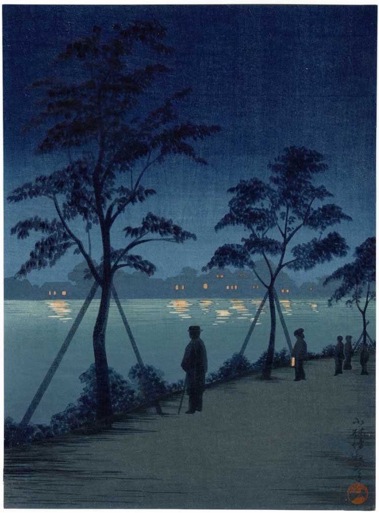 Kiyochika Kobayashi - Night at Sumida River MULLER NR: Japanese Woodblock Print, 1930s, Shima Art Company Publisher, printed 1920-30s. SIZE IN INCHES: 7.5 x 10 PROVENANCE: The Robert O. Muller Estate COMMENTS: Skillfully printed "bokashi" shading, light "