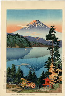 Koitsu Tsuchiya: Lake Ashi in Autumn 1938 1st Ed Woodblock: Japanese Woodblock Print, 1938, 1st edition, published by Baba Nobuhiko SIZE IN INCHES: oban, 11.75 x 17.5 inches COMMENTS: Rare 1st edition of this Koitsu design. TSUCHIYA KOITSU'S (1870-1949) prints