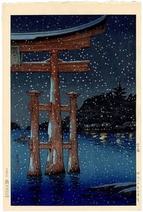 Koitsu Tsuchiya: Miyajima Night Snow 1941 1st Ed Woodblock: Japanese Woodblock Print, 1941, 1st edition, published by Baba Nobuhiko SIZE IN INCHES: oban, 10.5 x 16 inches COMMENTS: Rare 1st edition of this Koitsu masterpiece. TSUCHIYA KOITSU'S (1870-1949) prin