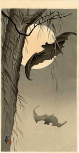 Ohara Koson: Bats Under a Full Moon 1920s Woodblock NR: Japanese Woodblock Print, 1920s, published by Daikokuya SIZE IN INCHES: ohosoban, 7.5 x 14.5 inches PROVENANCE: From the Robert O. Muller estate OHARA KOSON (1877-1945), who also went by the art names