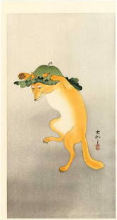 Ohara Koson: Dancing Fox Woodblock Print NR: Japanese Woodblock Print SIZE IN INCHES: ohosoban, 7.5 x 15 inches, excellent Riwa Era printing from recarved woodblocks COMMENTS: Fine copy of one of Koson's most sought-after designs OHARA KOSON (18