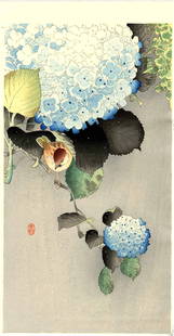 Ohara Koson: Sparrow and Hydrangea 1920s Woodblock: Japanese Woodblock Print, 1920s, this is an excellent Riwa printing from recarved woodblocks SIZE IN INCHES: ohosoban, 7.5 x 14.5 inches OHARA KOSON (1877-1945), who also went by the art names of Shos