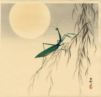 Ohara Koson: Praying Mantis Moon c1920s Woodblock NR: Japanese Woodblock Print, 1930s published by Kawaguchi & Sakai; signed and sealed Koson SIZE IN INCHES: shikishi, approx. 10.75 x 10.5 inches PROVENANCE: From the Robert O. Muller estate OHARA KOSON (