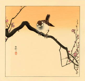 Ohara Koson: Tree Sparrow 1930s Woodblock NR: Japanese Woodblock Print, 1930s published by Kawaguchi & Sakai; signed and sealed Koson SIZE IN INCHES: inches OHARA KOSON (1877-1945), who also went by the art names of Shoson and Hoson, began his ca