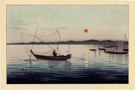 Ohara Koson: Fishing Boats at Sunset Woodblock: Japanese Woodblock Print, 1918-1924, publisher unknown; listed in Newland, Perrée, Schaap, "Crowns, Cranes and Camelias - The natural world of Ohara Koson 1877-1945"; Hotei Publishing; Leiden, 2001;