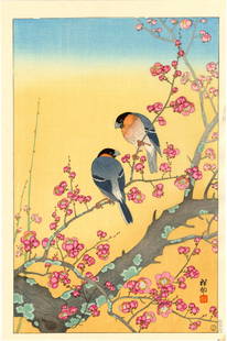 Ohara Koson: Nighingales and Blossoms 1931 Woodblock NR: Japanese Woodblock Print, 1931, this later edition published by Shoichiro Watanabe from the 1st edition blocks SIZE IN INCHES: oban, 10.5 x 15.5 inches OHARA KOSON (1877-1945), who also went by the ar