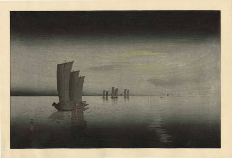 Ohara Koson: Fishing Boats Dusk 1920s Muller: Japanese Woodblock Print, c.1905, published by Kokkeido; Listed in "Crows, Cranes and Camillas" on page 195 (K44.26) and page 136.This print appears to be part of a series of prints of sailboats at se