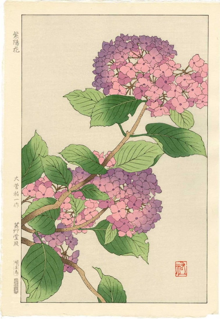 Osuga Yuichi - Violet Hydrangea 1954 WoodblockNR (1 of 2)