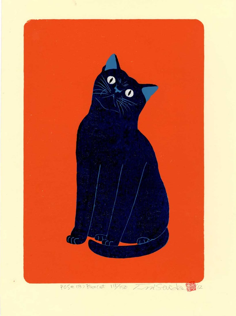 Tadashige Nishida: Blue Cat Pose (13) 2012 1st Ed Woodblock (1 of 2)