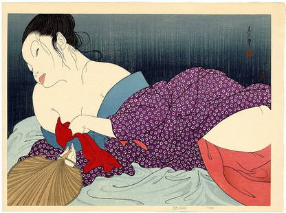 Yoshio Okada: In the Bedroom 1974 1st Ed. Woodblock: Japanese Woodblock Print, 1974, 1st and only edition, numbered 79/100 SIZE IN INCHES: oban, 13 x 17.5 inches COMMENTS: A rare and sensual design showing a Japanese beauty (bijin) in her boudoir with s