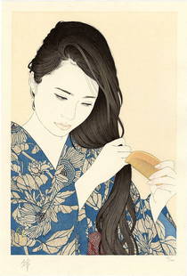 Yu Miyazaki: Hair Flowing 2023 1st Ed Woodblock: Japanese Woodblock Print, 2023 1st edition, full title is Rich Black Hair Flowing Through Her Comb numbered 77/100, and signed in bottom margin; gold seal in the image; published by Adachi SIZE IN INC