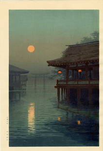 Yuhan Ito: Miyajima in the Moonlight 1930 Woodblock: Japanese Woodblock Print, 1930s with Nishinomiya seal in left margin SIZE IN INCHES: oban, 10.75 x 16.25 inches ITO YUHAN (1882 - 1951) was a landscape artist who designed a limited number of woodbloc