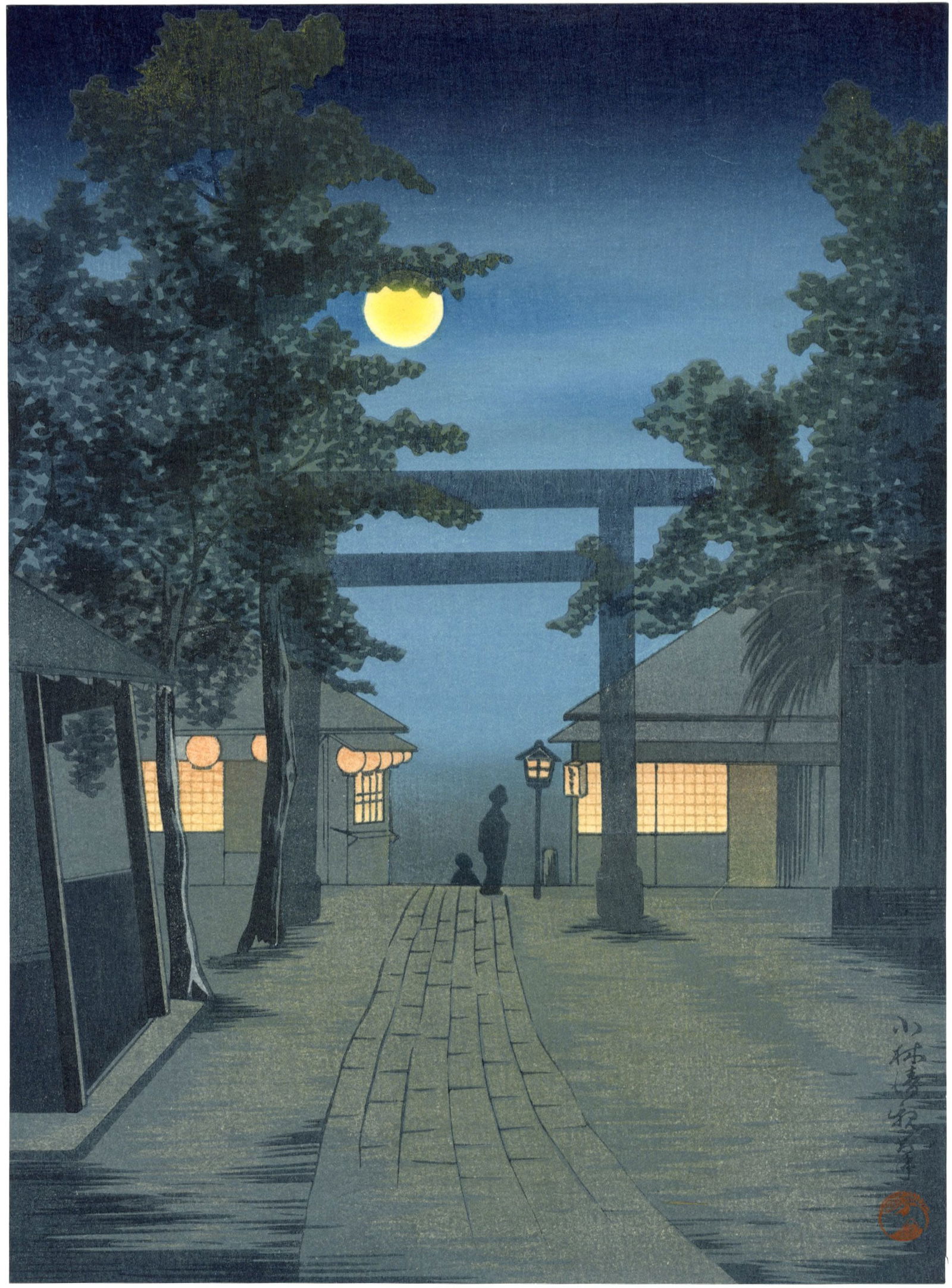Kiyochika Kobayashi: Shrine Visit at Night 1930s Woodblock NR (1 of 2)