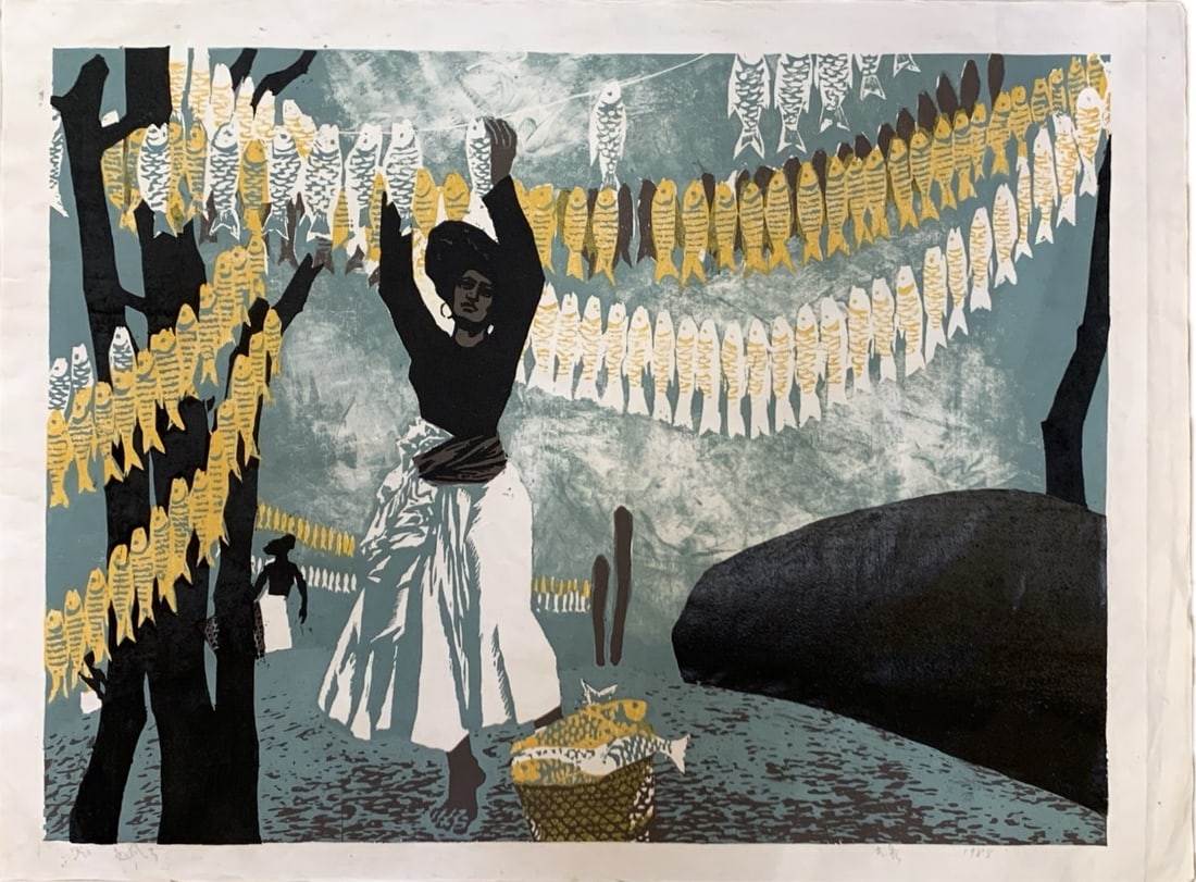 Not Read - Drying Fish 1985 Woodblock NR (1 of 2)