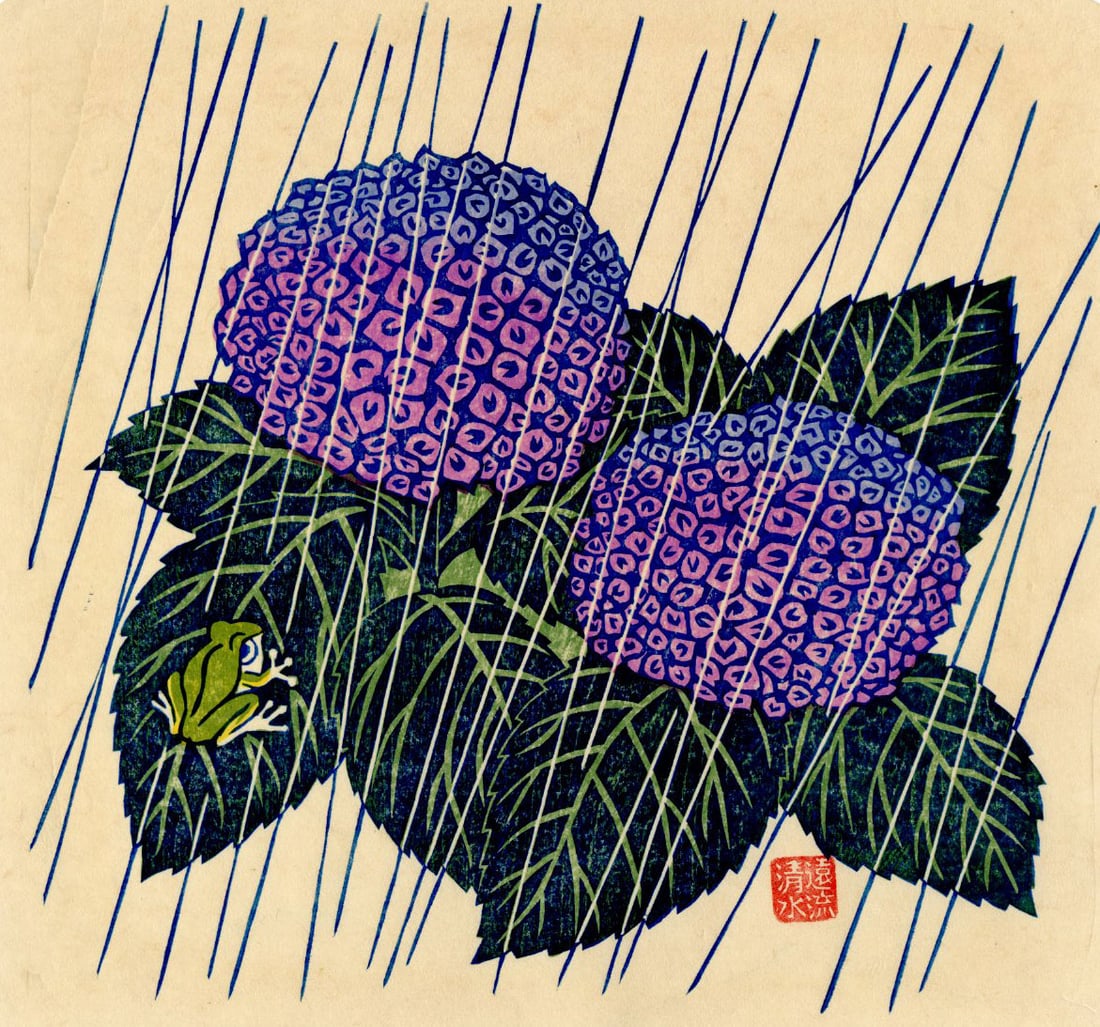 Not Signed: Frog on Hydrangea Leaf Woodlbock NR (1 of 2)