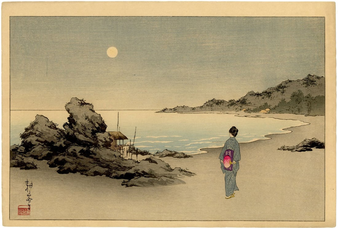 Shoda Koho: Woman on Beach, Moonlight Woodblock (1 of 2)