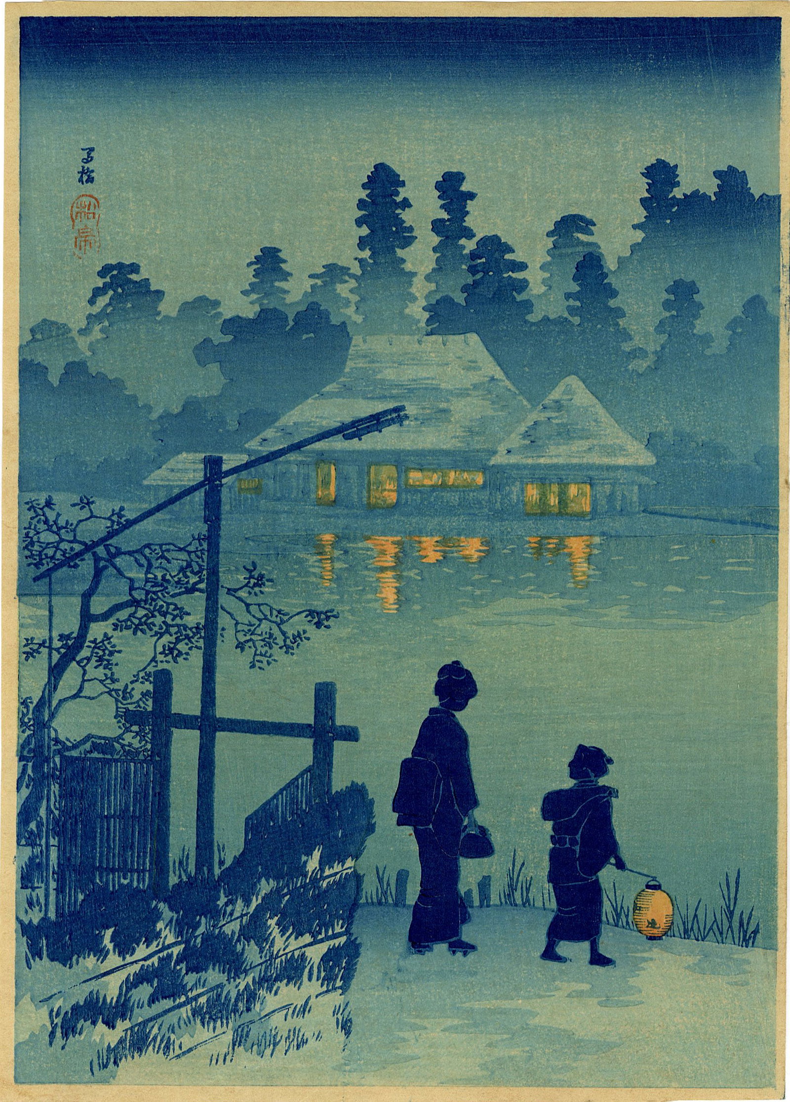 Shotei Takahashi: Mabashi at Night 1936 woodblock NR: Japanese Woodblock Print, 1936, published by Shozaburo Watanabe SIZE IN INCHES: chuban, 7.125 x 10 inches PROVENANCE: The Robert O. Muller Estate TAKAHASHI SHOTEI (1871-1945) was born in Tokyo with th