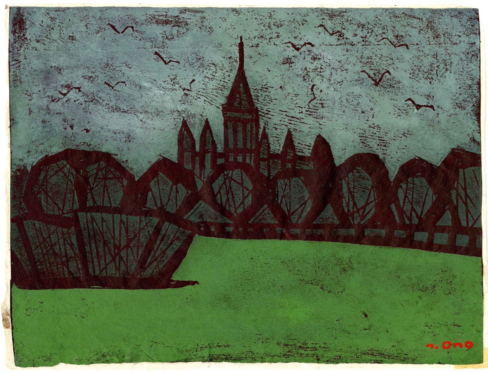 Tadashige Ono: Vienna Parliment 1st Ed 1961 Woodblock (1 of 2)