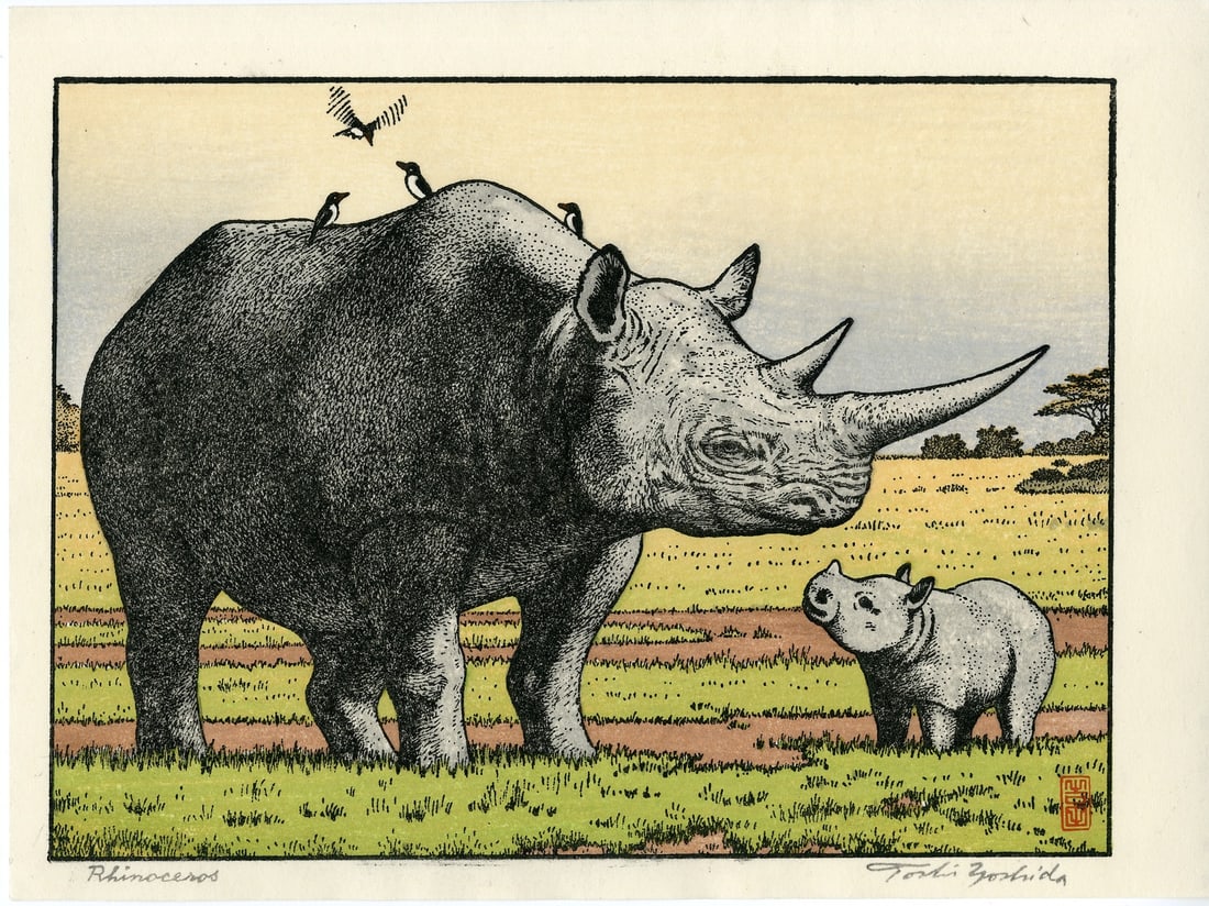 Toshi Yoshida - Rhinoceros Woodblock NR: Japanese Woodblock Print, Posthumous reprint from original blocks SIZE IN INCHES: 8.75 x 11.75 inches inches TOSHI YOSHIDA was the eldest son of Hiroshi Yoshida (1876-1950 who began teaching him when