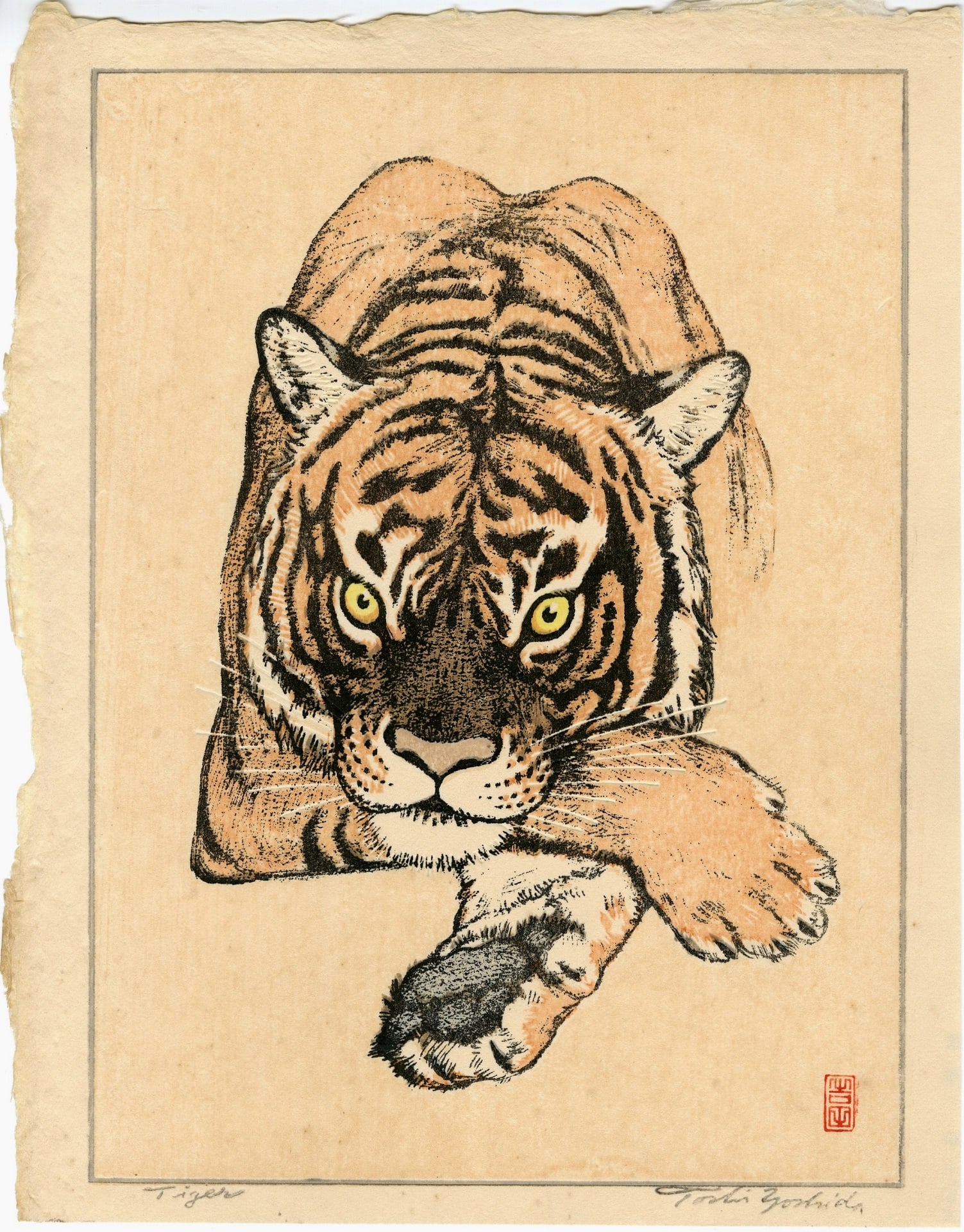 Toshi Yoshida - Tiger Woodblock NR: Japanese Woodblock Print, Posthumous reprint from original blocks SIZE IN INCHES: 11.25 x 8.75 inches TOSHI YOSHIDA was the eldest son of Hiroshi Yoshida (1876-1950 who began teaching him when he was