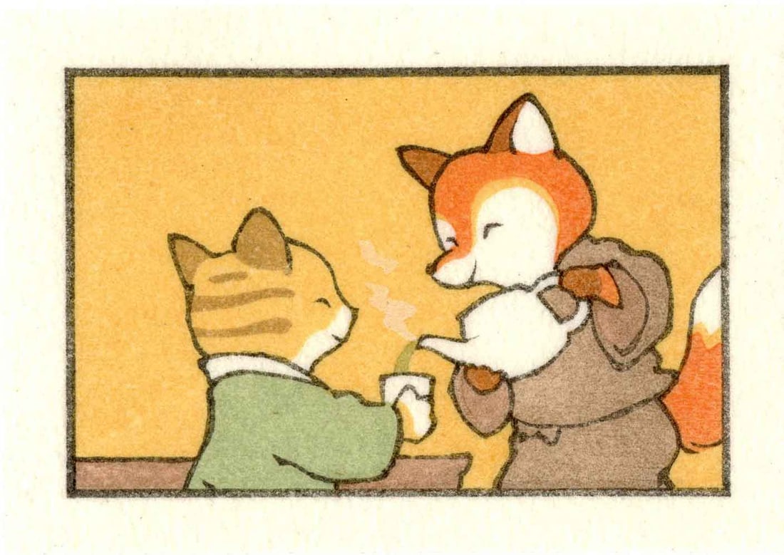 Jed Henry: Fox and Cat Pouring Tea 2022 Woodblock NR (1 of 2)