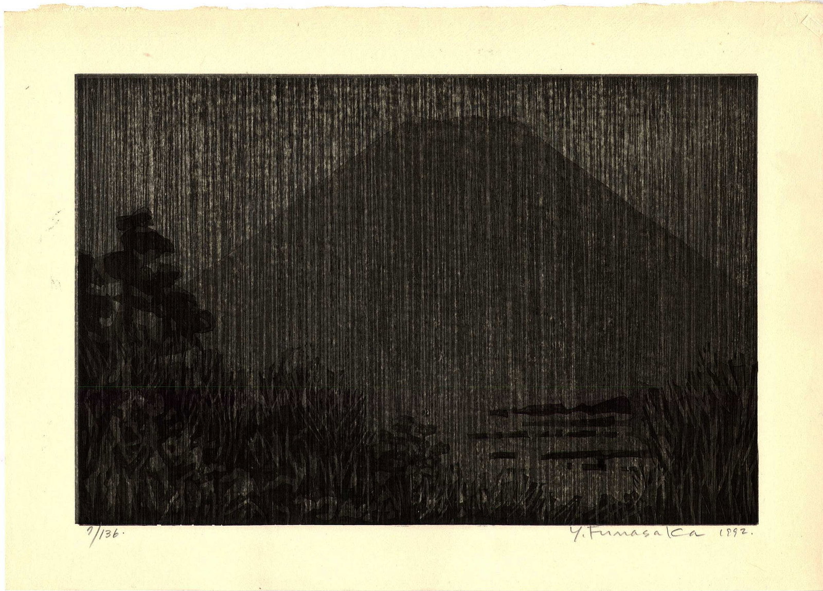 Funasaka Yoshisuke: Mt Fuji in the Dark 1st Ed 1992 Woodblock (1 of 2)