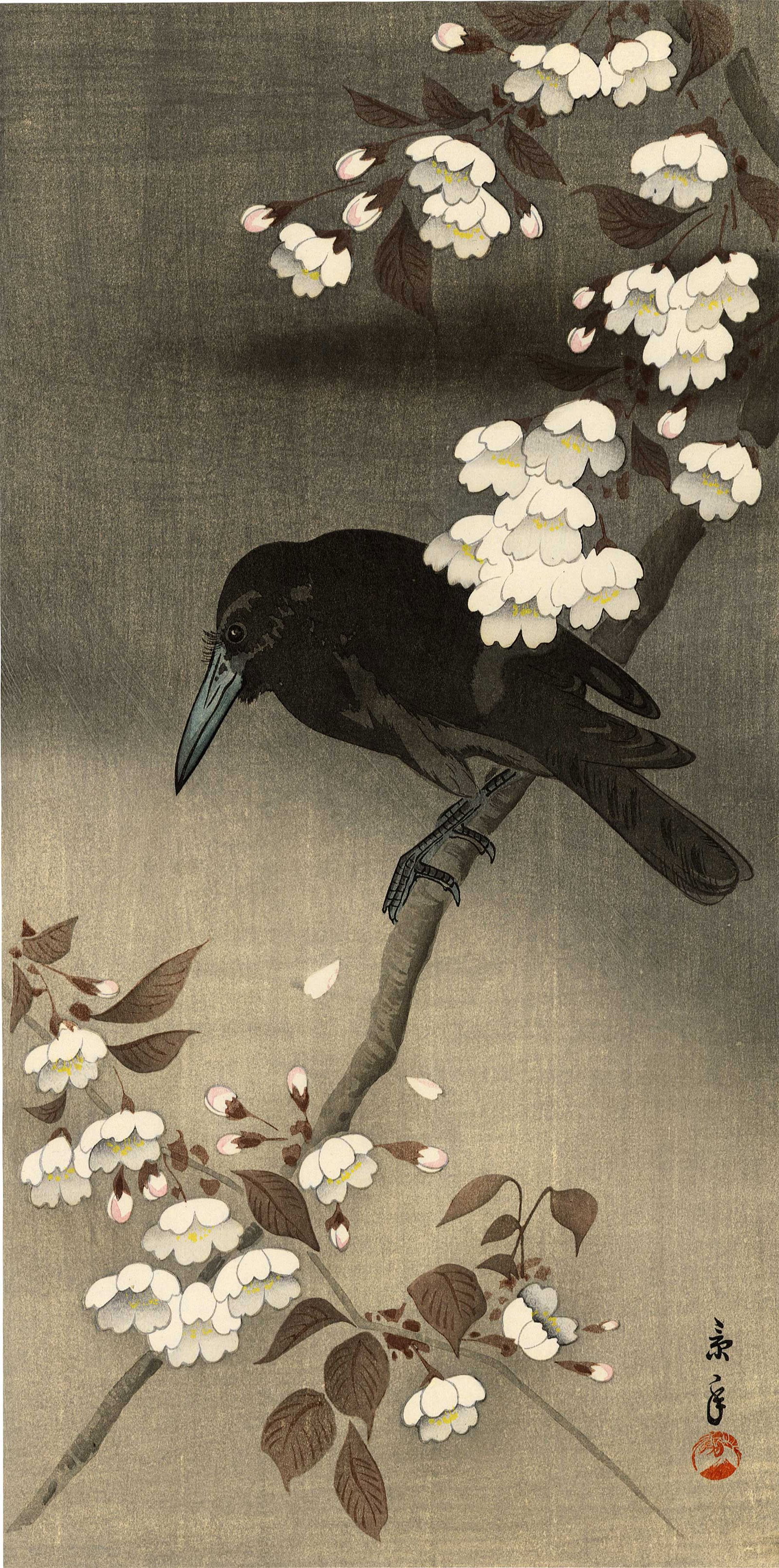 Keinen Imao: Crow on Cherry 1930s Woodblock NR (1 of 2)