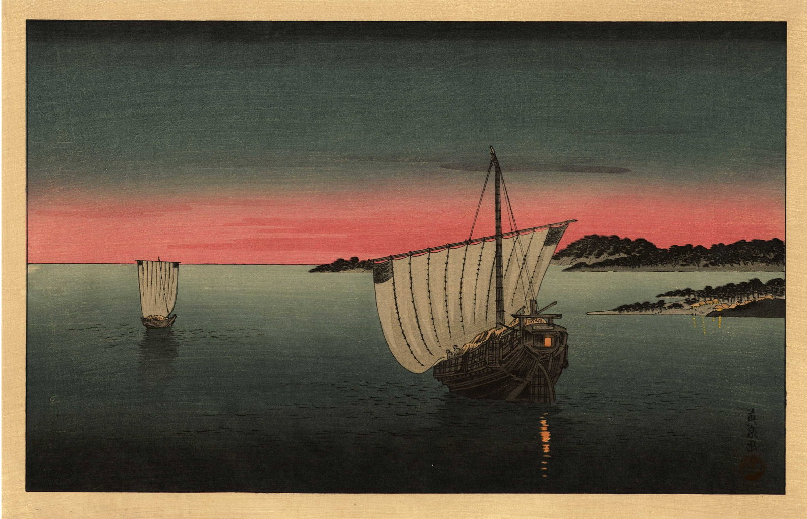 Keisai Eisen: Sailboats At Sunset Woodblock: Japanese Woodblock Print, originally published c.1830s, this Showa era printing from recarved woodblocks published by the Shima Art Company SIZE IN INCHES: oban diptych, approx. 15 x 10 inches PROVENA