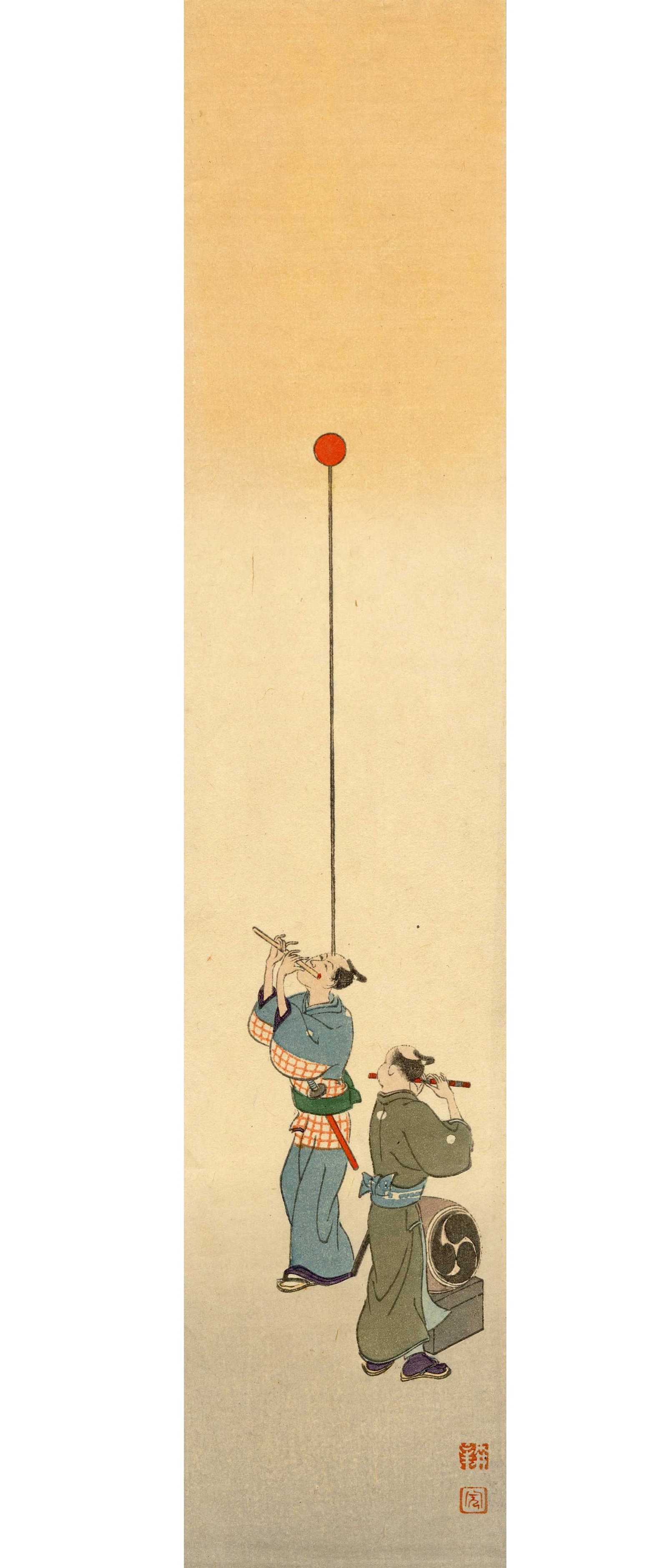 Koho Shoda: Muscians Performing Woodbock: Japanese Woodblock Print, 1920s, from the series Japanese Scenes on Tanzaku published by Nishinomiya SIZE IN INCHES: tanzaku, 3 x 14.25 inches SHODA KOHO (1871-1946) was a Japanese woodblock print art